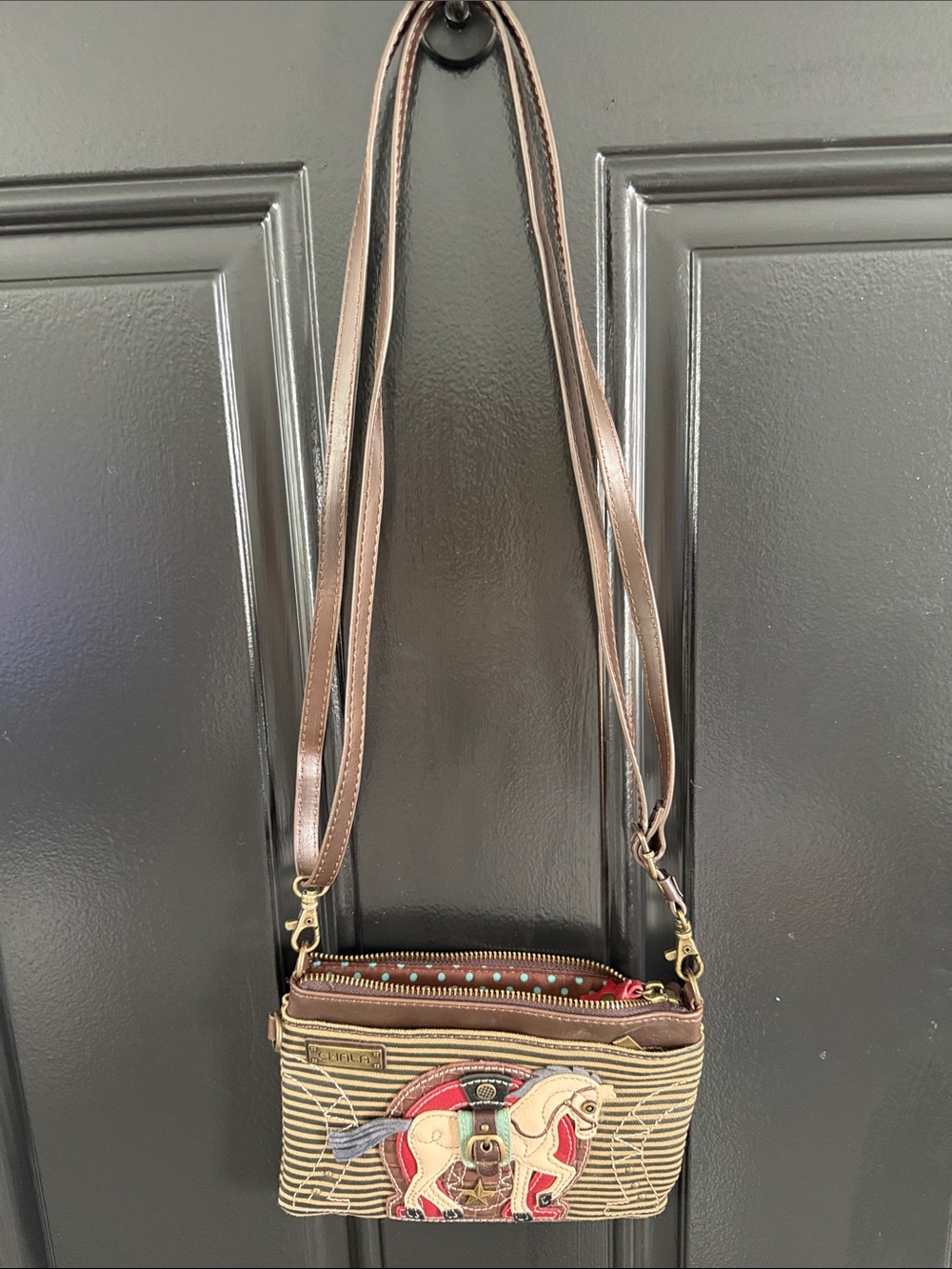 Chala Brown Striped Crossbody with Carousel Horse Appliqué